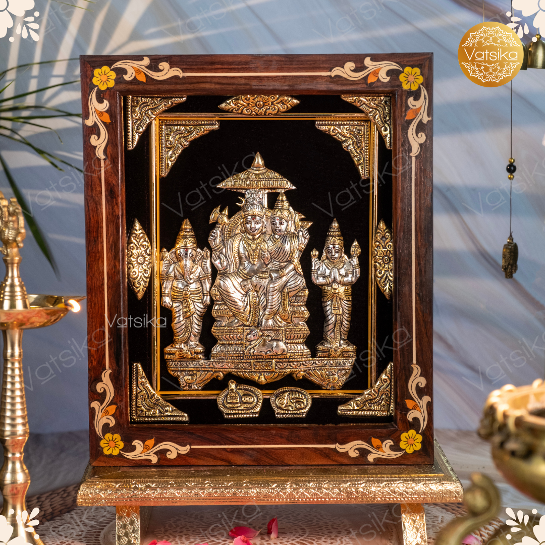 Shiva Parvathi with Ganesha and Subramanya Swamy - Shiva Family Silver Photo Frame