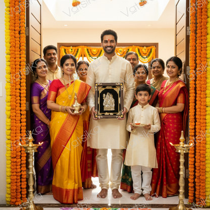 A Person holding a Silver God Photo Frame for their housewarming ceremony